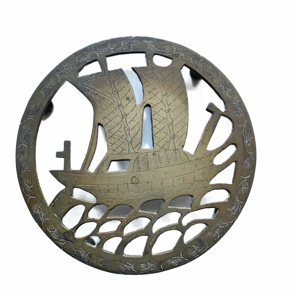 Vintage Brass Trivet, Boat at Sea